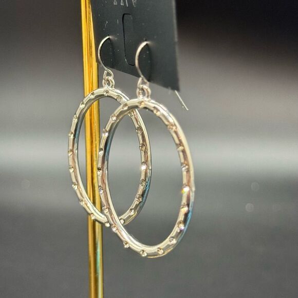 INC Silver Tone Fish Hook Dangling Oval Ring with Crystals Earrings 2 inch - Picture 3 of 5